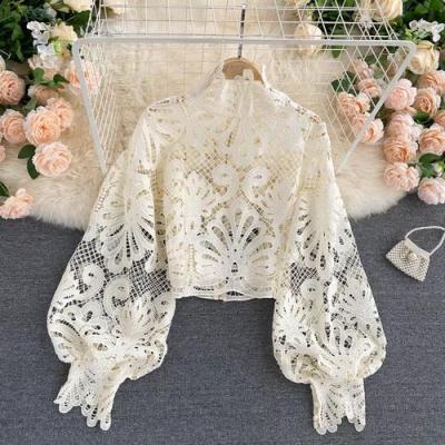 Sexy Lace Hollow Out Short Blouse Casual Lantern Long Sleeve Stand Collar Shirts Female Elegant RedPinkWhite Loose Tops