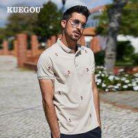 KUEGOU เสื้อโปโลผู้ชายฤดูร้อนหมีเย็บปักถักร้อยแฟชั่น Extension คุณภาพสูง Polos แขนสั้น Apricot Top Plus ขนาด AT-7370