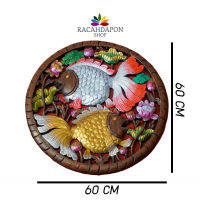 Thai carving wood fish แผ่นไม้แกะสลัก แกะสลักไม้ 60x60 cm ปลาทอง ปลาเงิน ปัดสี ตกแต่งบ้าน ห้องนั่งเล่น ร้านค้า เสริมมงคล ฮวงจุ้ย แผ่นไม้แกะติดผนัง