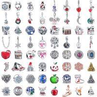 925 Silver Red Heart Christmas Socks Hat House Tree Ice Crystal Snowflake New Year Beads Fit Original Pandora Charm Bracelet DIY