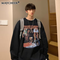 MAYCHEER   เสื้อยืดฮิปฮอปเสื้อคอกลมแขนยาวผู้ชายเสื้อกีฬาแขนยาวทรงหลวมเสื้ออเนกประสงค์สำหรับนักเรียน