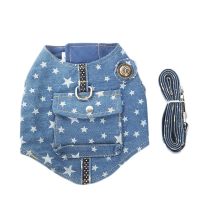 Small Dog Cat Denim Vest Cowboy Jacket Harness Puppy Harness Leash Set Easy on And Off