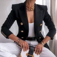 Chic Blazer Women Spring 2023 New Korean Fashion Notched Long Sleeve Double Breasted Suits Solid Slim Casual Long Jackets