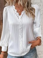 xixibeauty Contrast Lace Striped Blouse, Casual Solid V Neck Long Sleeve Blouse, Womens Clothing