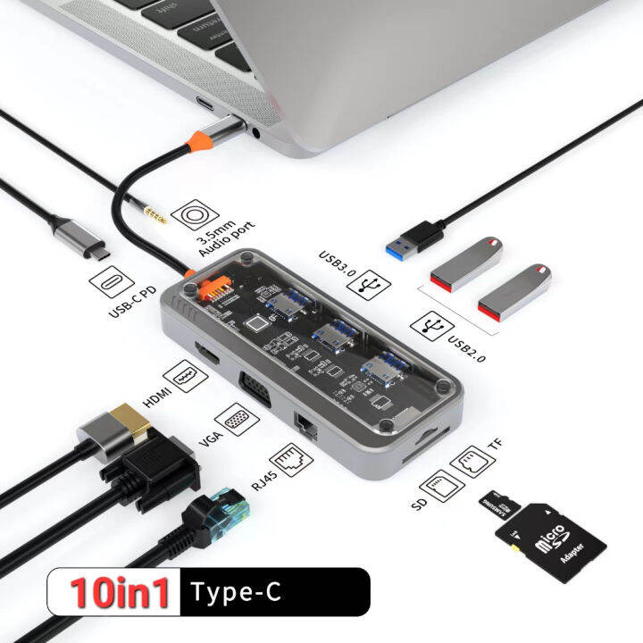 อะแดปเตอร์ฮับ-type-c-10in1-สายต่อ-usb-type-c-hub-3-0-type-cต่อได้-sd-tf-vga-hdmi-rj45-aux3-5-adapter-แล็ปท็อปสำหรับ