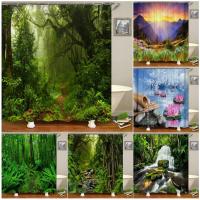 Forest Shower Curtains Tropical Jungle Trees Plant Waterfall Zen Lotus Rural Nature Landscape Bath Curtain Fabric Bathroom Decor