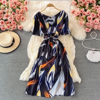 COD DSFGRDGHHHHH Fashion V Neck Short Sleeve Beach Dress For Women Summer Korean Split Midi Dress