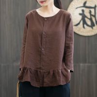 COD DSFERTRETRE Cotton and linen retro literature and art autumn new embroidered buttons long sleeve women loose plus size blouse