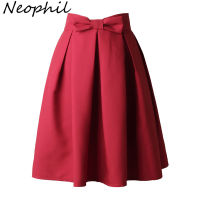 Neophi 2022 Causal Bow Pleated Women Skater Skirts Knee Length Summer High Waist Ladies Solid Black Ball Gown Saias S-XXL S8423