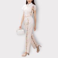 P008-004 PIMNADACLOSET - Short Sleeve Collar Button Down Embroidery Mesh Lace Top And High Waist Long Pant Set