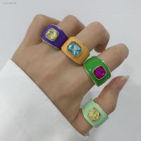 ✼ Fashion New Joy Color Ladies Ring Europe and The United States Hot Luxury Enamel Drip Oil with Rhinestone Seal Womens Ring