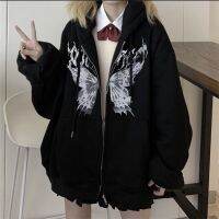 ฤดูใบไม้ร่วงฤดูหนาวใหม่ผู้หญิง Hip Hop Streetwear Hoodies ผีเสื้อ Prin Harajuku Punk Zip-Up Coat