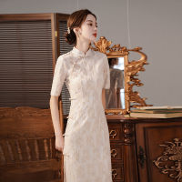 Daily Spring Beige Cheongsam Slim Vintage Women Mid-length Qipao Dress Hand Made Button Elegant Lace Dress