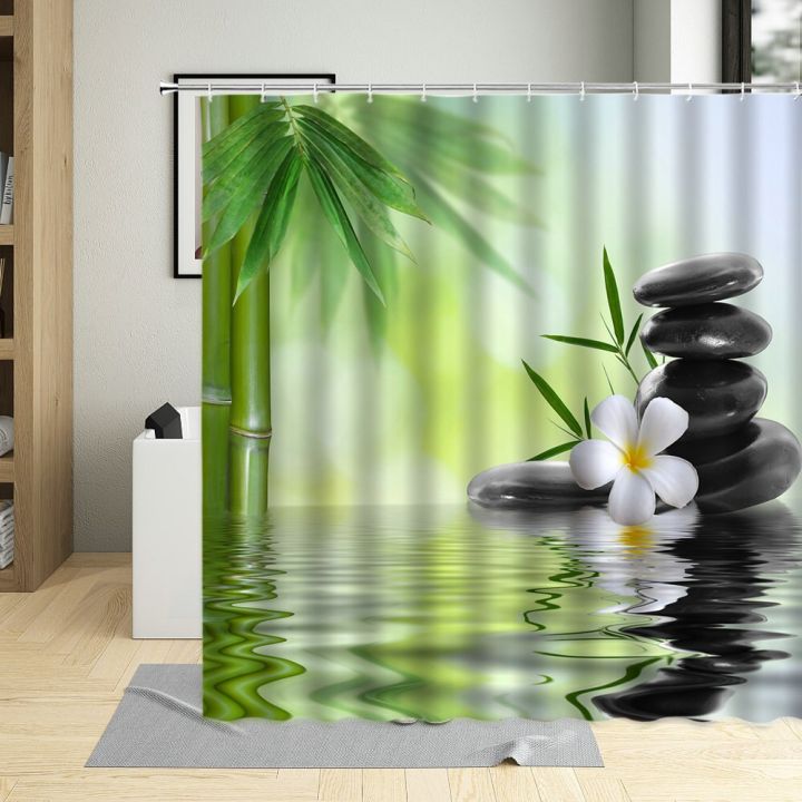 zen-stone-with-hooks-bathroom-curtains-bamboo-purple-flower-candle-printing-bathtub-decor-waterproof-shower-curtain-screen