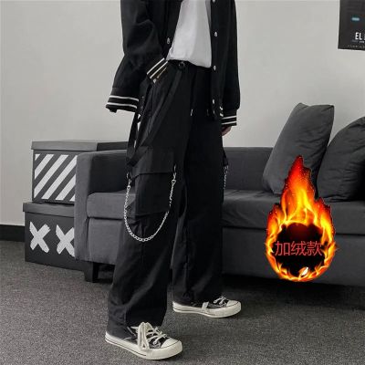Goth Punk Black Cargo Pants With Chain Streetwear Men Wide Leg Trousers Harajuku Hip Hop Oversized Casual Joggers Pantalon Homme