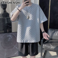 EERSHENSHI เสื้อยืดแขนสั้นทรงหลวมลายสก็อตวาฟเฟิลสำหรับผู้ชาย รุ่นใหม่ หน้าร้อน แนวเกาหลี แฟชั่น เสื้อแขนสั้น