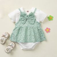 Summer Fashion Babys Sets Toddler Girls Solid Short Sleeve Romper+Strap Dress Lace Bow Dress Casual Clothes Outfits ropa bebe  by Hs2023