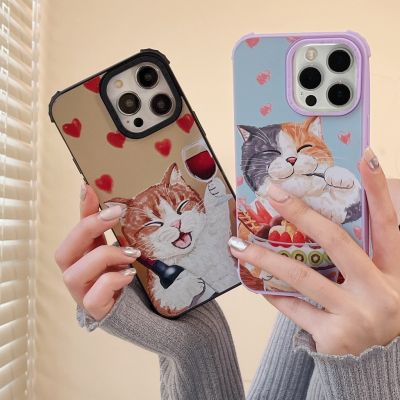 เคสมือถือลายแมวไวน์แดงเค้กเปลือกหอยนิ่มสีประกายหิมะสี่มุมสำหรับ Iphone 14 13 12 11 Pro Max ที่วางฝาครอบโทรศัพท์เคสไอโฟนโทรศัพท์มือถือเคสกันกระแทก