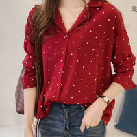 Female Asian Moda Dot Polka Blouse Clothing Sleeve Korean Tunic Size De Shirt Long Mujer Women Tops Blouse Women Shirt Long Slee