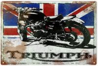 มอเตอร์ไซค์ Triumph ป้ายดีบุกโลหะพร้อมธงอังกฤษผับบาร์กลางแจ้งโปสเตอร์ย้อนยุคบ้านครัวป้ายอุปกรณ์ตกแต่งผนังร้านอาหาร12x8inch