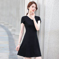 Summer 2021 V-Neck Swing Business Wear Dress Slim Fit Short Sleeve Hotel Front Desk Jewelry Shop Beautician Work Clothes