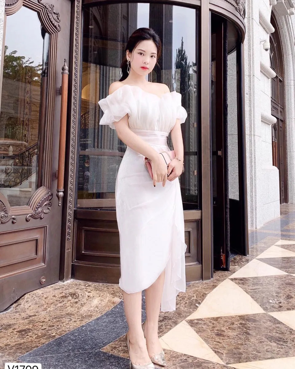 Váy trắng cao cấp thiết kế lệch vai sang trọng V1014  Thời Trang Tadi