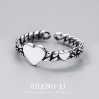 S925 pure silver ring opening female double adjustable size of fashion and personality love hearts ring silver heart ring