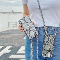┋✗ Wallet Stand Messenger Long Shoulder Strap Phone Case for iphone 12 11 pro Xs max XR 8 7 plus Snake Skin Texture case with chain