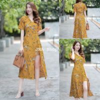 maya-fashion เสื้อผ้าแฟชั่น จั๊มสูทลายดอกสั้น สีเหลือง ชุดไปทะเล  พร้อมส่ง