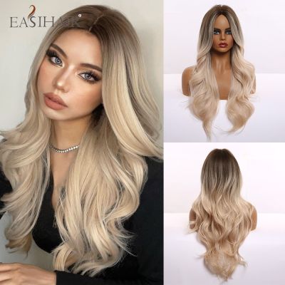 【jw】☢ Ombre Blonde Wavy Middle Part Hair Wig Resistant Synthetic for