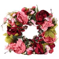 16 inch Wreath Artificial Flower with Spring Wreath for Front Door Decor, Wedding, Wall, Home Decor(Deepred)