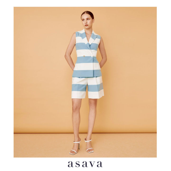 asava-aw22-jacqueline-signature-striped-shorts-กางเกงผู้หญิง-อาซาว่า-ขาสั้น-ตัดต่อผ้าลายทาง-กระเป๋าข้าง