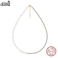 EFFIE QUEEN Unique 925 Sterling Silver Natural Freashwater Pearl Chain Half Tennis Necklace AAAA Zircon for Women Jewelry GPN27