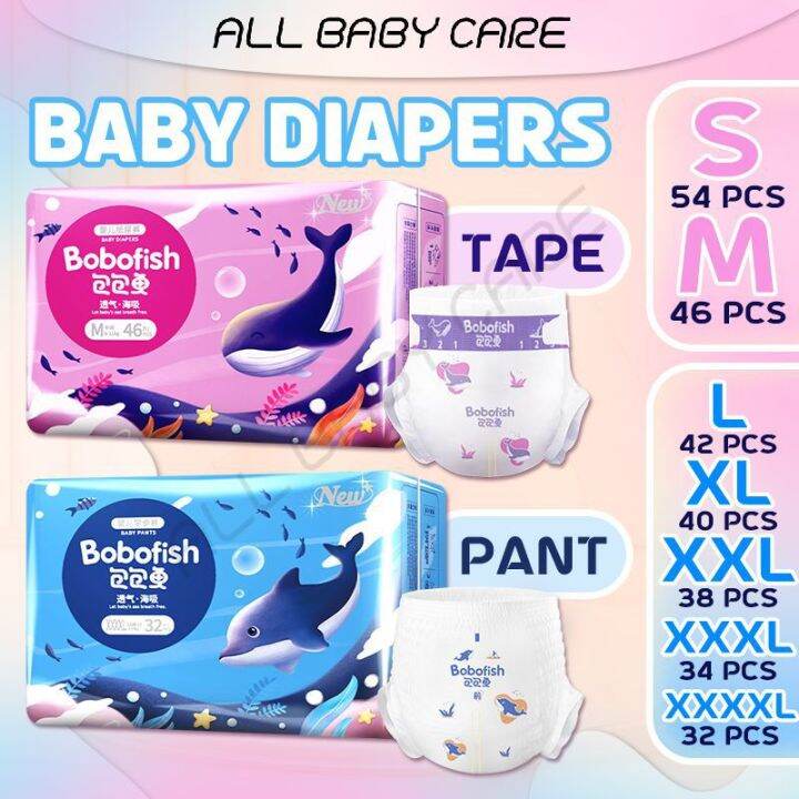 Bobofish Baby Diaper Pants Tape Disposable Diapers S/M/L/XL/XXL/XXXL