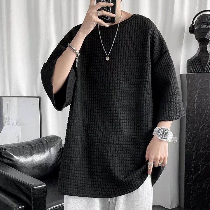 codtheresa-finger-waffle-t-shirt-men-ins-hong-kong-style-solid-color-short-sleeved-top-summer-korean-version-trendy-handsome-loose-half-sleeved-t