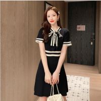 ZZOOI 2020 Summer Fall New Bow Knot tie up Short Sleeve Pullovers Knitted Dress Ruffles Trim Hit color Striped Thin Sweater Dress