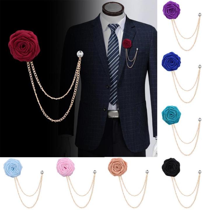 Bridegroom Wedding Brooches Cloth Art Hand-Made Rose Flower Brooch Lapel  Pin Badge Tassel Chain Men'S Suit Accessories | Lazada