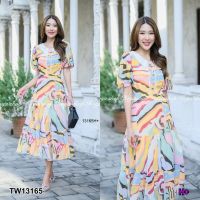 Chompoo Fashions ชุดเดรส เดรสยาวคอปกแขนพอง พิมลายเอวผุกโบว์ สีเหลือง