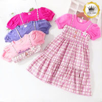 Little Honey เสื้อผ้าเด็กผู้หญิงพร้อมส่ง (7-11 ขวบ) เสื้อผ้าเด็ก เดรสแขนสั้น ผ้ายืดนุ่ม  สวมใส่สบาย ลายสก๊อต ชุดเด็ก