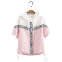 【มีไซส์ใหญ่】Plus Size Womens False Button Hooded Summer Shirts Oversized High Fashion Striped Pullovers Casual A-line Female Tops