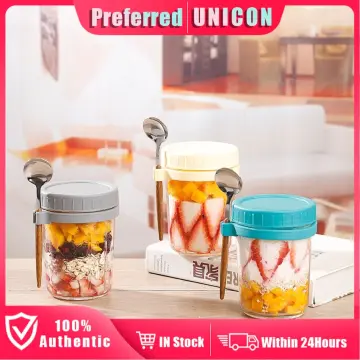 1pc 350ml Glass Mason Jar With Spoon & Lid For Overnight Oats