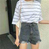 COD Womens clothing◕Smoke gray denim shorts women s summer high waist thin a-line hot pants 2020 new hole large size loose