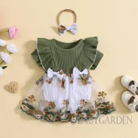 Ryn studio Babygarden-0-24 เดือน ชุดรอมเปอร์ เย็บปักถักร้อย ดอกไม้ ริบ ย่น คอกลม ชุดเดรส รอมเปอร์ พร้อมโบว์คาดศีรษะ ฤดูร้อน สําหรับเด็กผู้หญิง