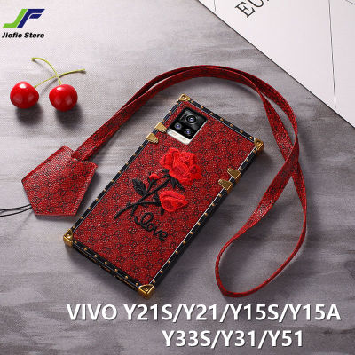 JieFie เคสลายดอกกุหลาบสำหรับ VIVO,เคสโทรศัพท์ทรงสี่เหลี่ยมชุบโครเมียมหนังหรูหราสำหรับรุ่น VIVO Y21S / Y21T / Y21A / Y15S / Y15A / Y01 / Y33S / Y33T / Y53S / Y21 / Y31 / Y51