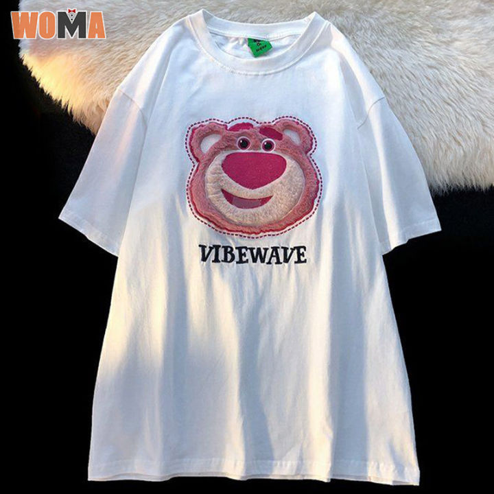 woma-เสื้อแขนสั้นปักลายการ์ตูนหมีสตรอเบอร์รี่คอกลมเสื้อยืดคู่รักน่ารักสำหรับผู้ชายเสื้อแขนสั้น