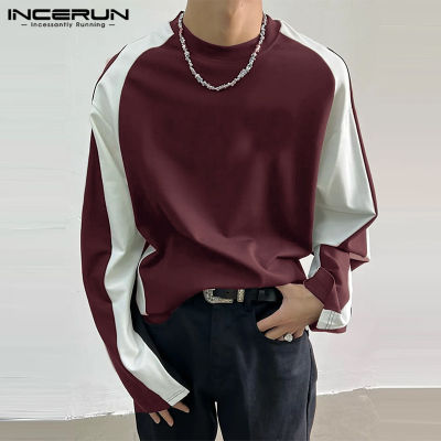 เสื้อเสื้อยืดวันหยุดเสื้อยืดคอกลมลำลองแบบเย็บปะแขนยาวสำหรับผู้ชาย INCERUN (สไตล์เกาหลี)