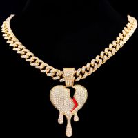 Luxury Full AAA Rhinestone Iced Out Miami Cuban Link Chain Necklaces For Men Women Hip Hop Broken Heart Pendant Necklace Jewelry
