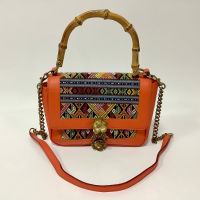 WelcomeWinter กระเป๋าหนังแท้ผสมผ้าไทย รุ่น Lady Bamboo Orange Size 24 x 19 x 9.5 cm.