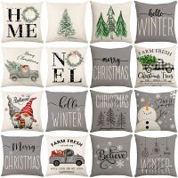 Christmas Decor Pillowcase 45x45cm Holiday Farmhouse Home Decorative Cushion Cover Cute Dwarfs Reindeer Print Linen Pillow Cover