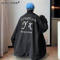 MAYCHEER เสื้อคาร์ดิแกนมีซิปรูดคอตั้งสำหรับผู้ชาย,เสื้อลำลองทรงหลวมเสื้อกีฬาแนวสตรีททันสมัยเสื้อแจ็คเก็ตแขนยาวนักเรียนพิมพ์ลายด้านหลัง